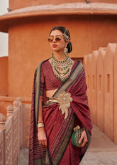 Weaved red Shaded Ajrak Inspired silk saree with gold finish | Silk saree